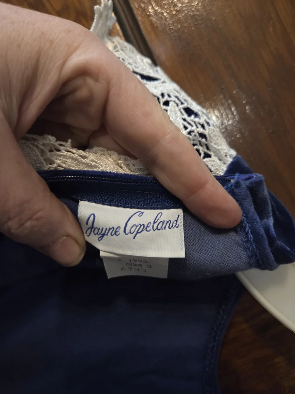 Vintage Jayne Copeland Navy Blue Velvet Dress with White Lace Collar